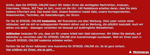 Screenshot: SPON-Aktion gegen Werbeblocker am 14.05.2013